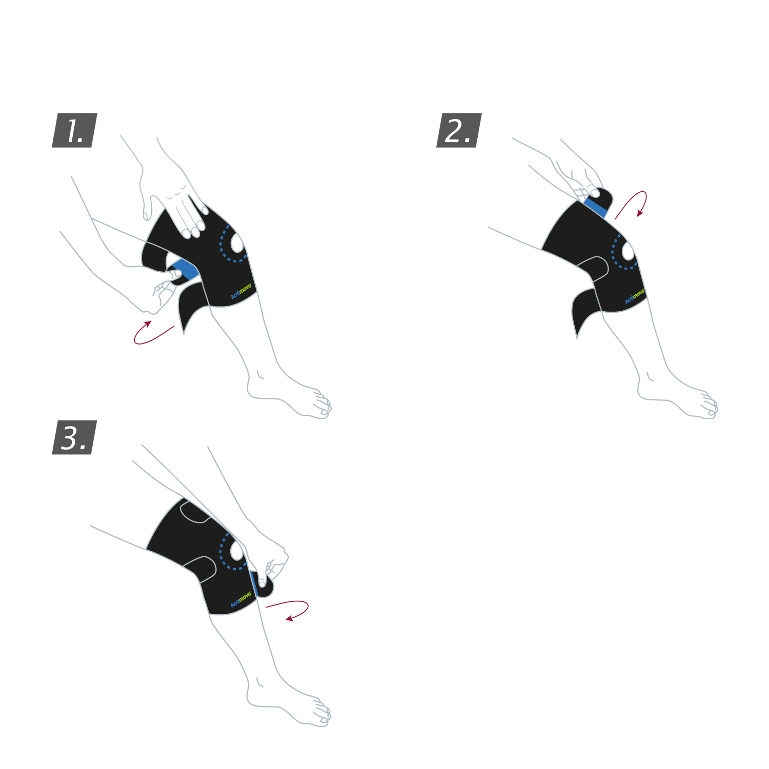 How to put on the Actimove Sports Edition Knee Support Open Patella Adjustable: Wrap the support around your knee and close the straps
 How to put on the Actimove Sports Edition Knee Support Open Patella Adjustable: Wrap the support around your knee and close the straps